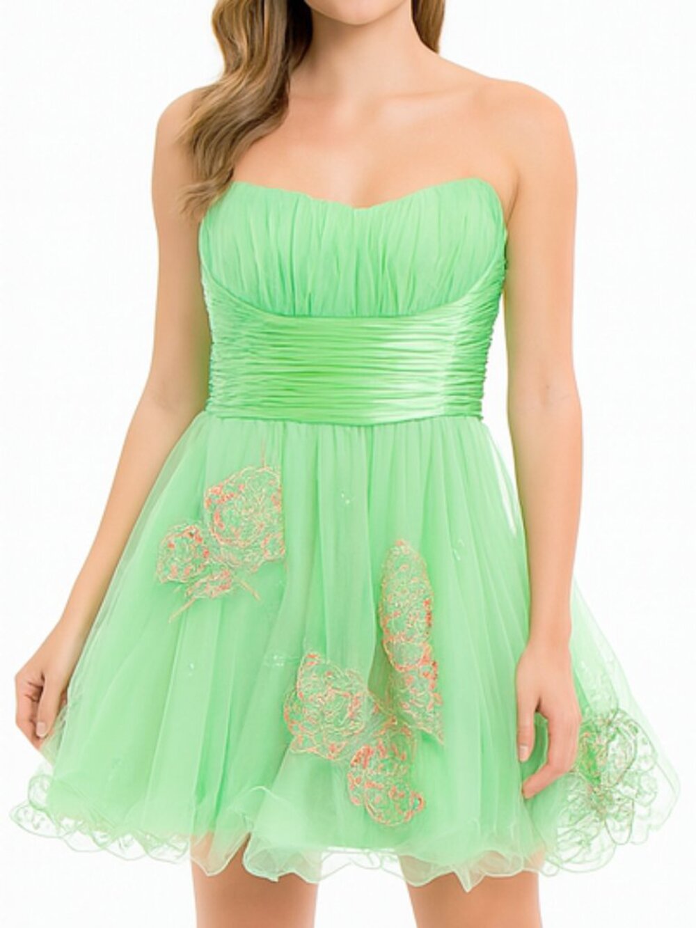 RARE Sherri Hill Green Butterfly Crystal‎ Strapless Tulle Mini Gown Dress